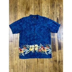 Emergency Exit Hawaiian Shirt Men's Large Blue Tropical Pineapple Floral‎